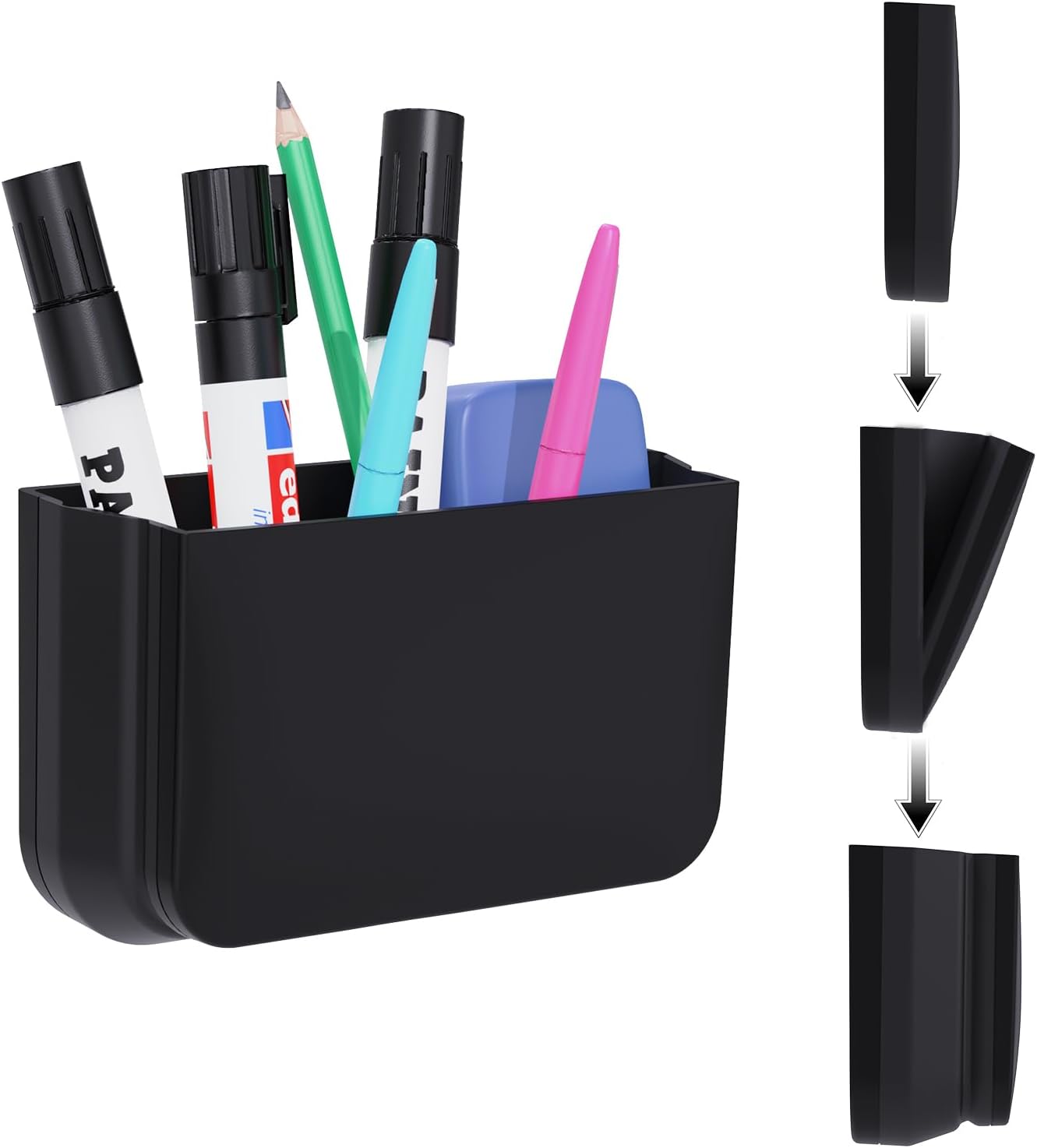 Magnetic Foldable Pen Holder, Magnetic Dry Erase Marker Pencil Holder, Strong Magnet Remote Holder Storage Organizer for Office, Whiteboard, Locker, Home Refrigerator, Desk Accessories(1 Pack Black)