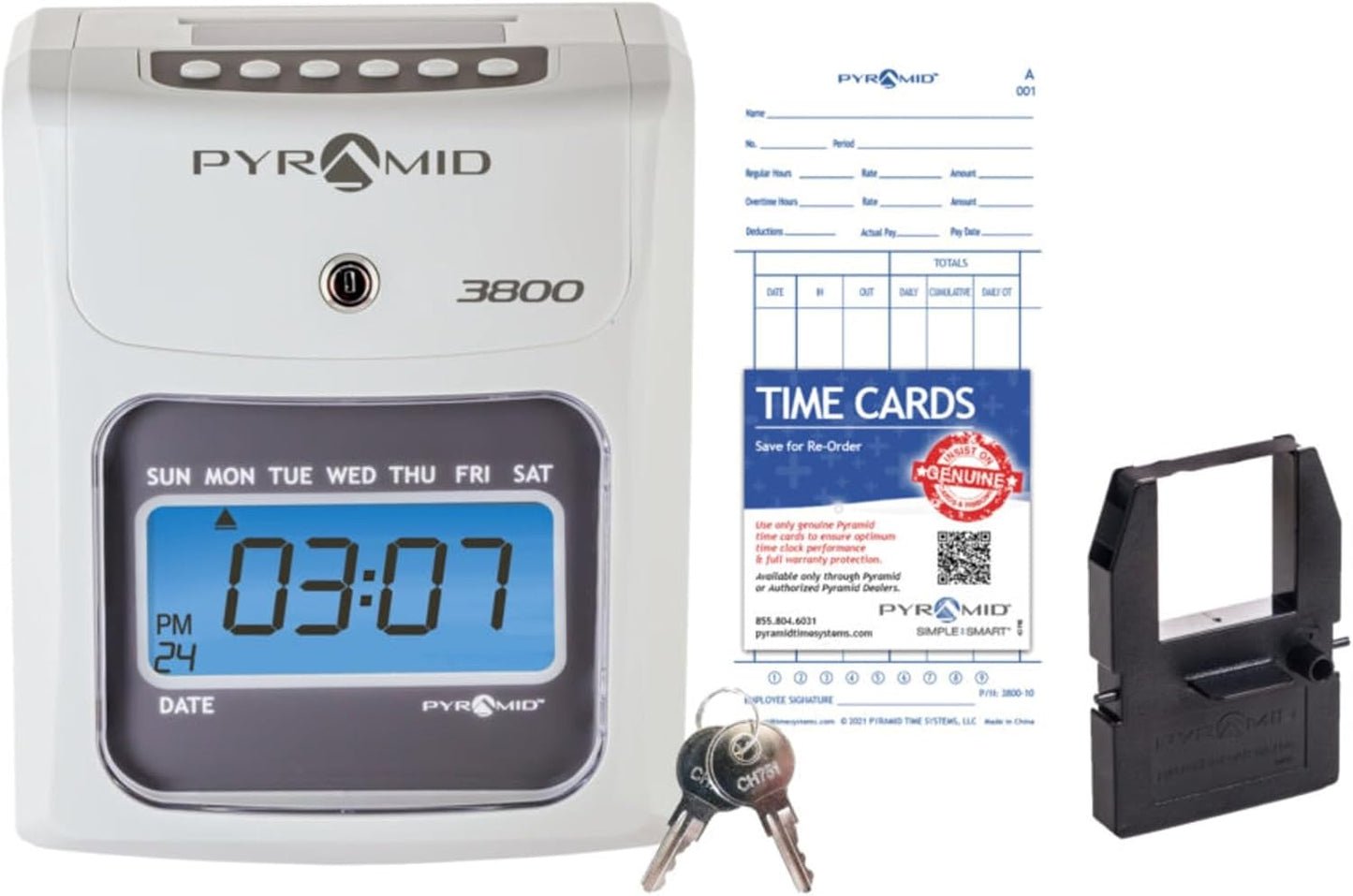 Pyramid Time Systems - Model 3800 Auto Totaling Time Clock, Electronic Time Punch Clock for Small Business, Bundle Includes: 50 Time Cards, 1 Ink Ribbon and 2 Security Keys - Ivory