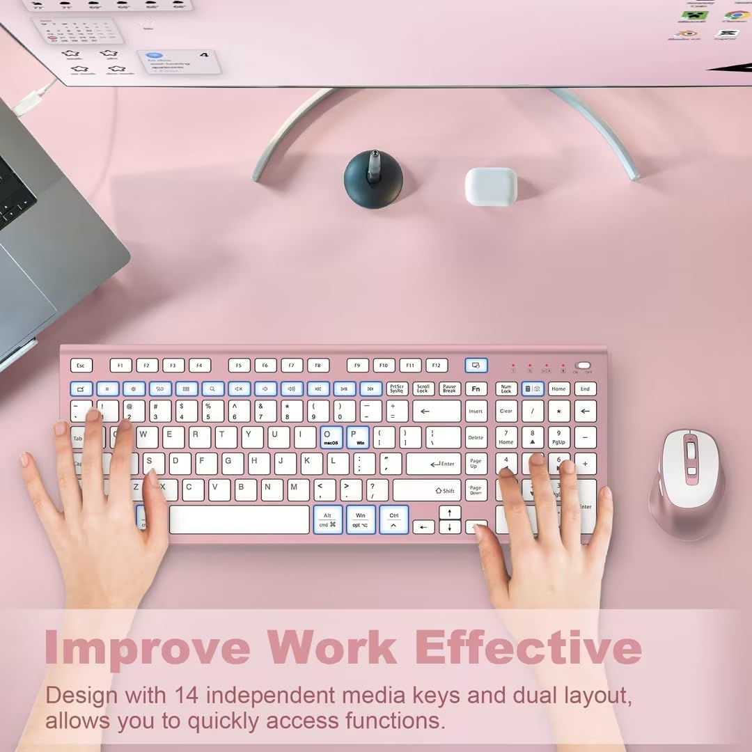 FENIFOX Wireless Keyboard and Mouse, Ergonomic Rechargeable Silent Quiet Slim Compact Full-Size USB C with Number Pad Flat Soft Cover for PC Computer Laptop Mac MacBook iMac Windows - Pink Rose Gold