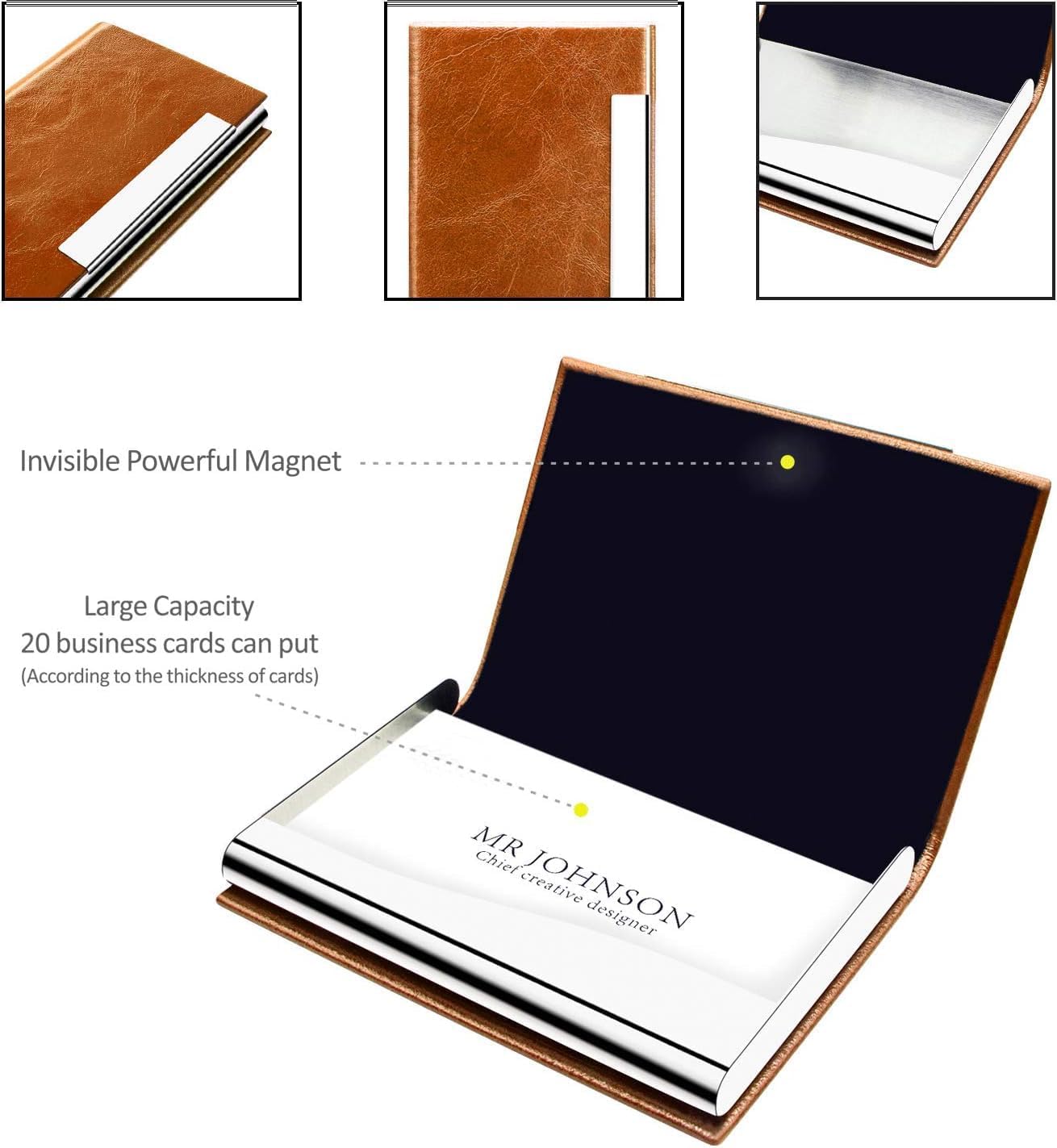 Padike Business Card Holder, Business Card Case Professional PU Leather & Stainless Steel Multi Card Case,Business Card Holder Wallet Credit Card ID Case/Holder for Men & Women. (V-Brown)