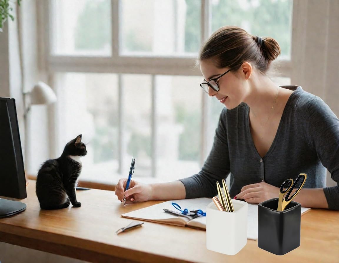 Square Ceramics Desk Pencil Holder for Men and Woman, Suitable for Offices and Homes(Black)