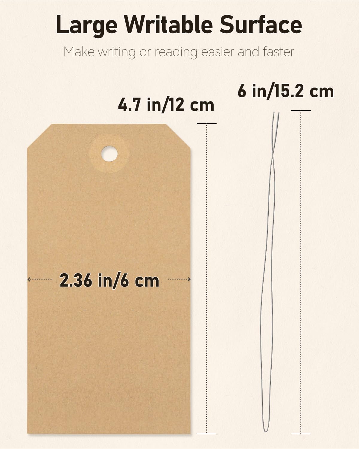 Uniclife 100 Pcs Blank Shipping Tags with Wire Attached 4.7 Inch Writable Brown Kraft Paper Tags Hang Tags with Reinforced Eyelet Large Marking Tags Price Tags Inventory Label Tags, 4.7" L x 2.36" W