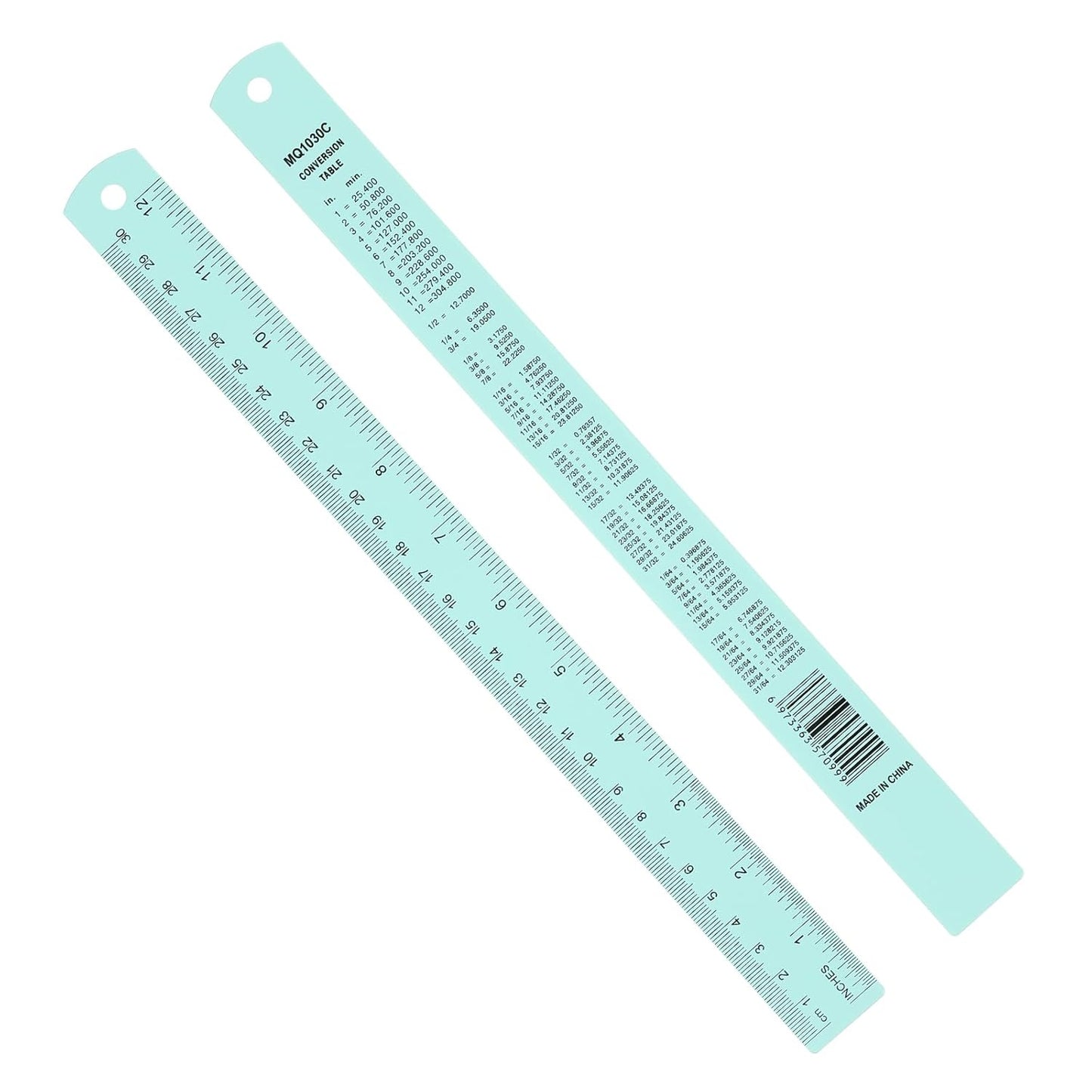 PATIKIL 30cm/12 Metal Ruler, 2 Pack Aluminum Alloy Rulers with Centimeters, Millimeters, Inches and Conversion Table Straight Edge Ruler for Writing Machinist Drafting, Blue Green