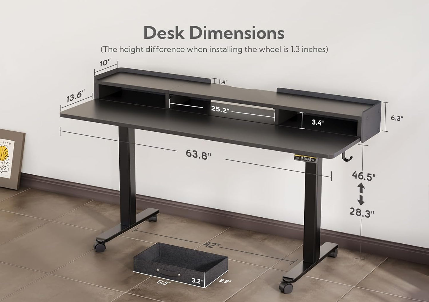 YDN Standing Desk with Drawers, 63 Inch Standing Desk Adjustable Height, Adjustable Electric Stand Up Sit Stand Small with Storage and Shelf, Black