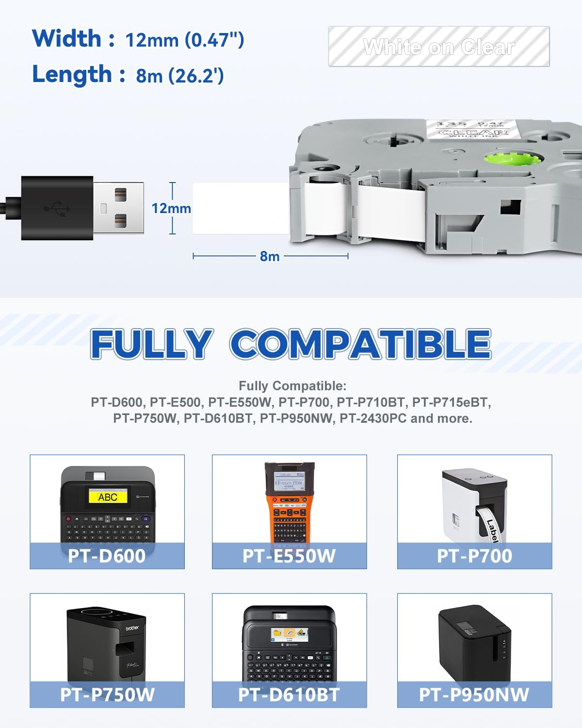 Tze135 12mm 0.47" White on Clear Tape Compatible for Brother Clear Label Tape 12mm Tze-135 Tz-135 P Touch Tz Tze 12mm 1/2" for PTD210 PT-D220 PTD400 PTD600 PT-D610BT Label Maker, 4-Pack