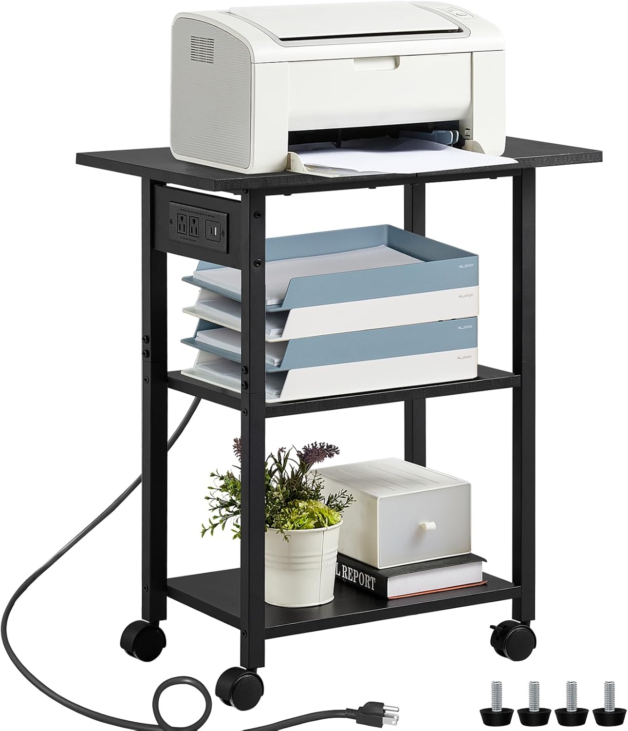 Lerliuo 3-Tier Printer Stand with Charging Station, Industrial Mobile Printer Table with Storage Shelf and Steel Frame, Rolling Printer Cart Holder with Lockable Wheels for Home, Office (Black)