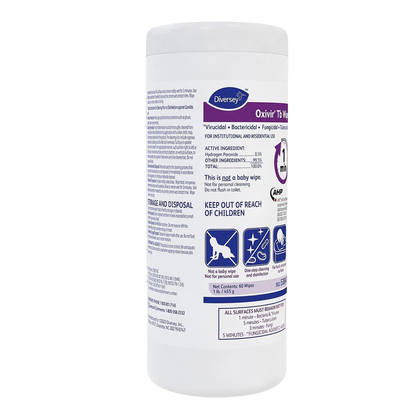 Oxivir Diversey Tb 5388471 Ready-to-Use Disinfectant Cleaning Wipes, Accelerated Hydrogen Peroxide, Large 7x8-Inch Sheets, 60-Wipes, 1-Slim Canister (Pack of 12)