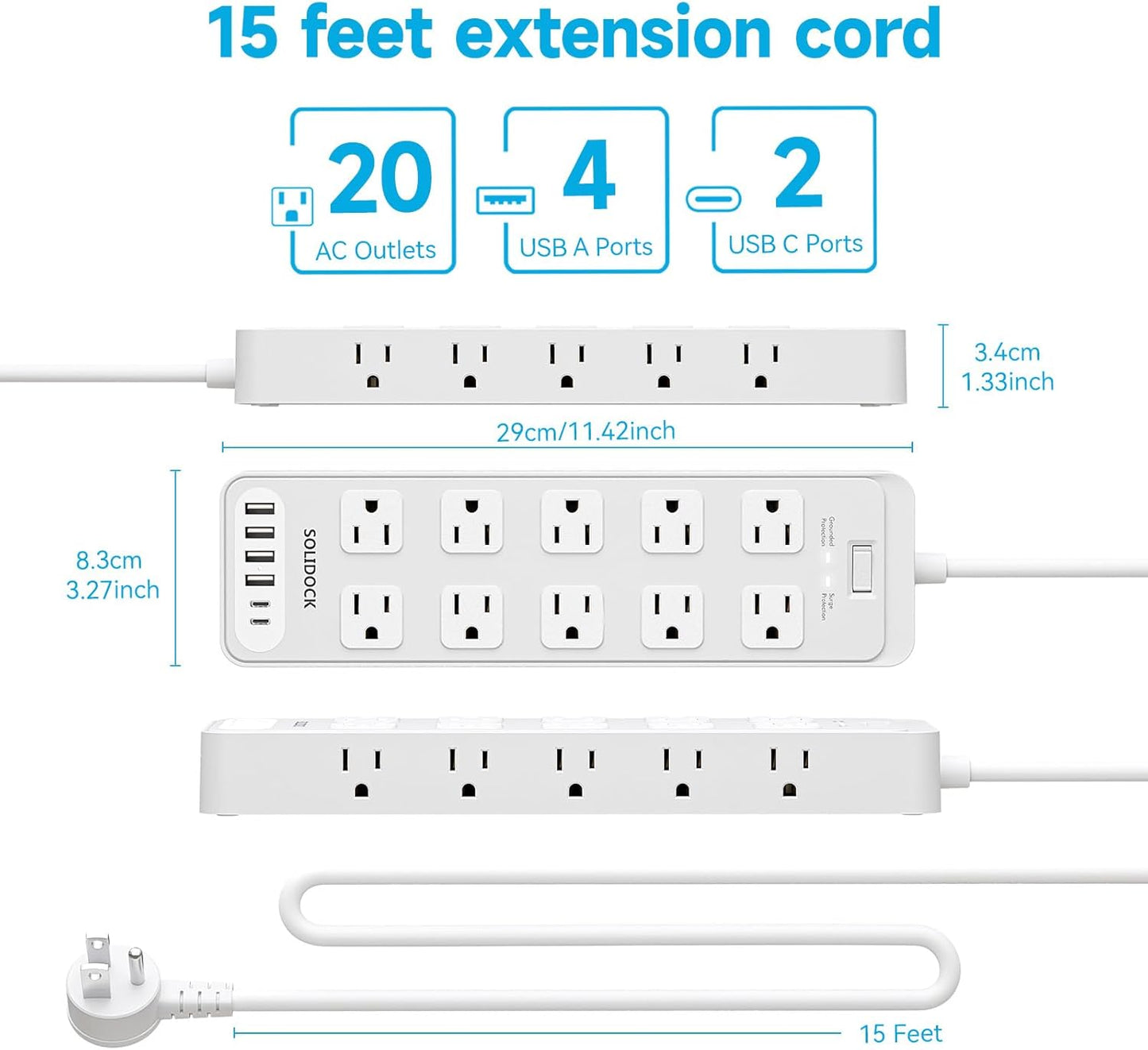Power Strip Surge Protector Flat Plug with 20 AC Outlets 6 USB Chagring Ports, 1875W/15A, 2700J, 15 Ft Heavy Duty Extension Cord for Home, Office, Dorm, Gaming,ETL Listed (White, 15Feet)