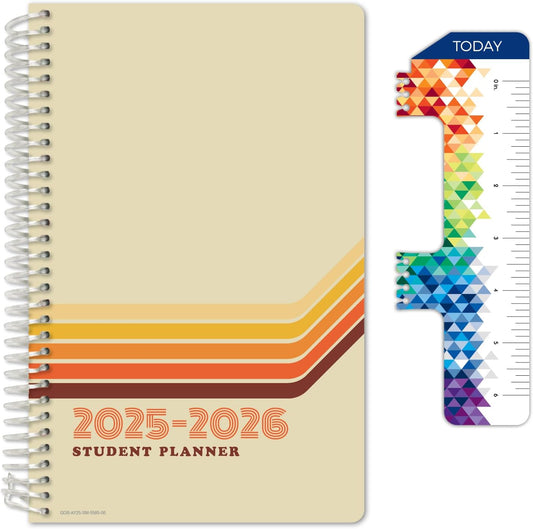 Global Datebooks Dated Middle School or High School Student Planner for Academic Year 2025-2026 Includes Ruler/Bookmark and Planning Stickers (Matrix Style - 5.5"x8.5" - Retro)