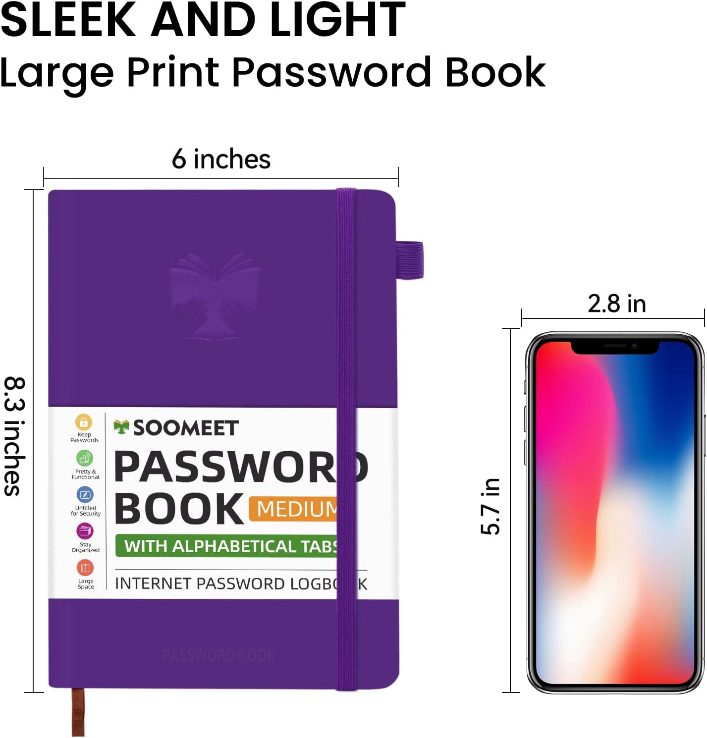 Password Book with Alphabetical Tabs, Hardcover Password Keeper, A5 Size 8.3"x6" Password Notebook for Saving Internet Login, Username, Password Organizer for Computer & Website Logins, Pruple