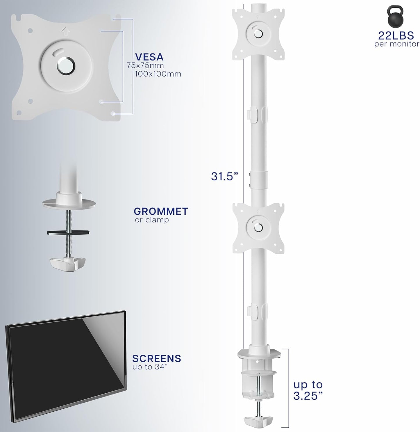 VIVO Dual Monitor Desk Mount Stand with Height Adjustment and VESA Plates for 2 LCD Ultrawide Screens up to 34 inches, Stacked Array, STAND-V002RW
