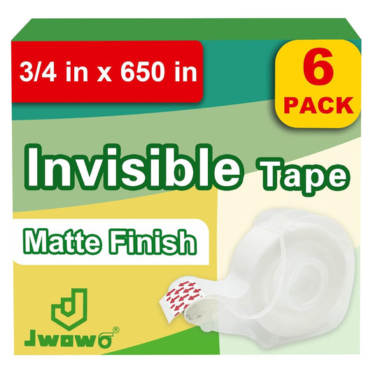 Invisible Tape, Home Office Supplies and Back to School Supplies for College and Classrooms, Matte Finish, 3/4 in x 650 in, Dispensered, 6 Pack