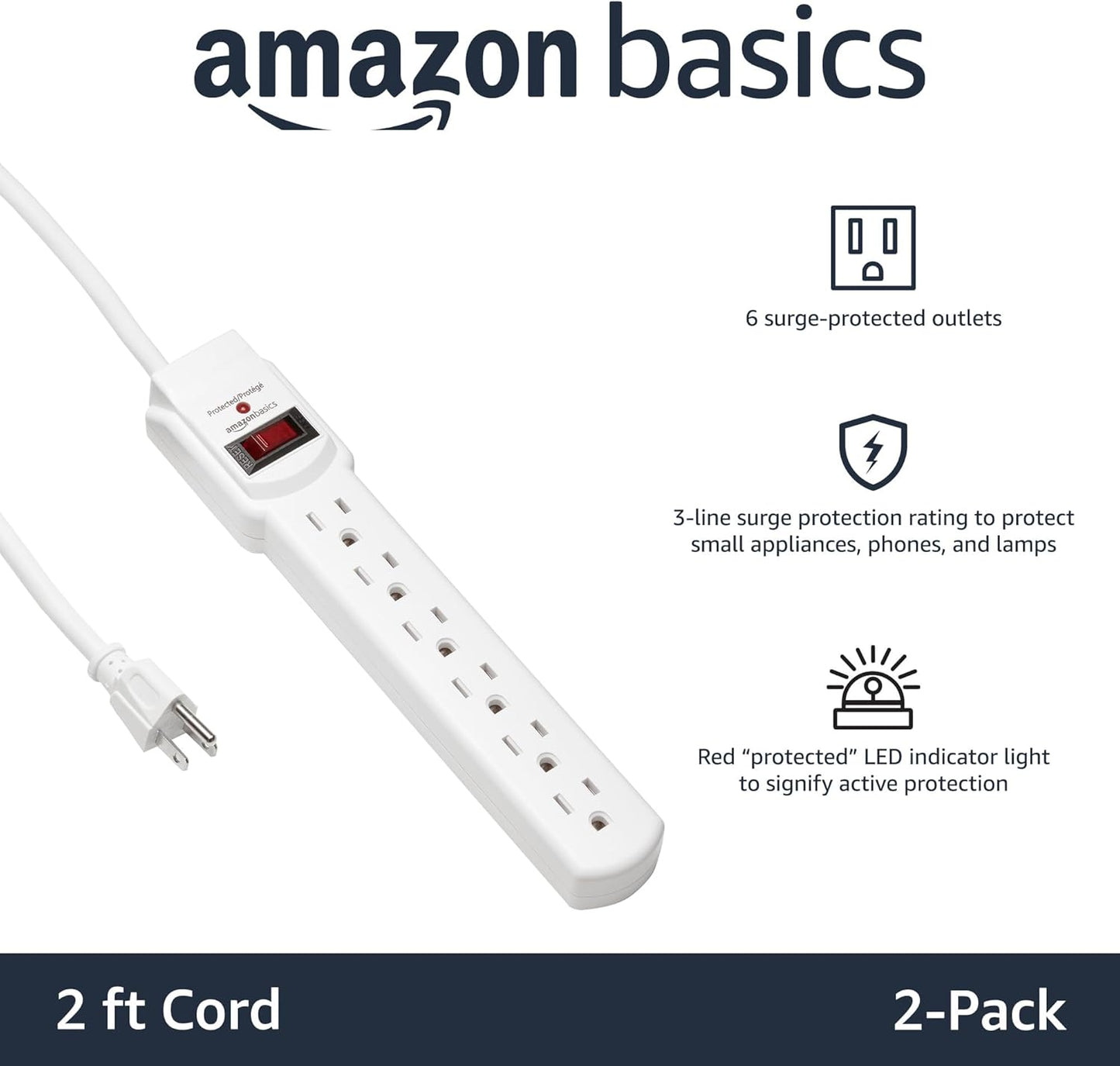 Amazon Basics Surge Protector Power Strip, 6-Outlet with 200J Protection, 2ft Extension Cord, Rectangle, White (2 Pack)