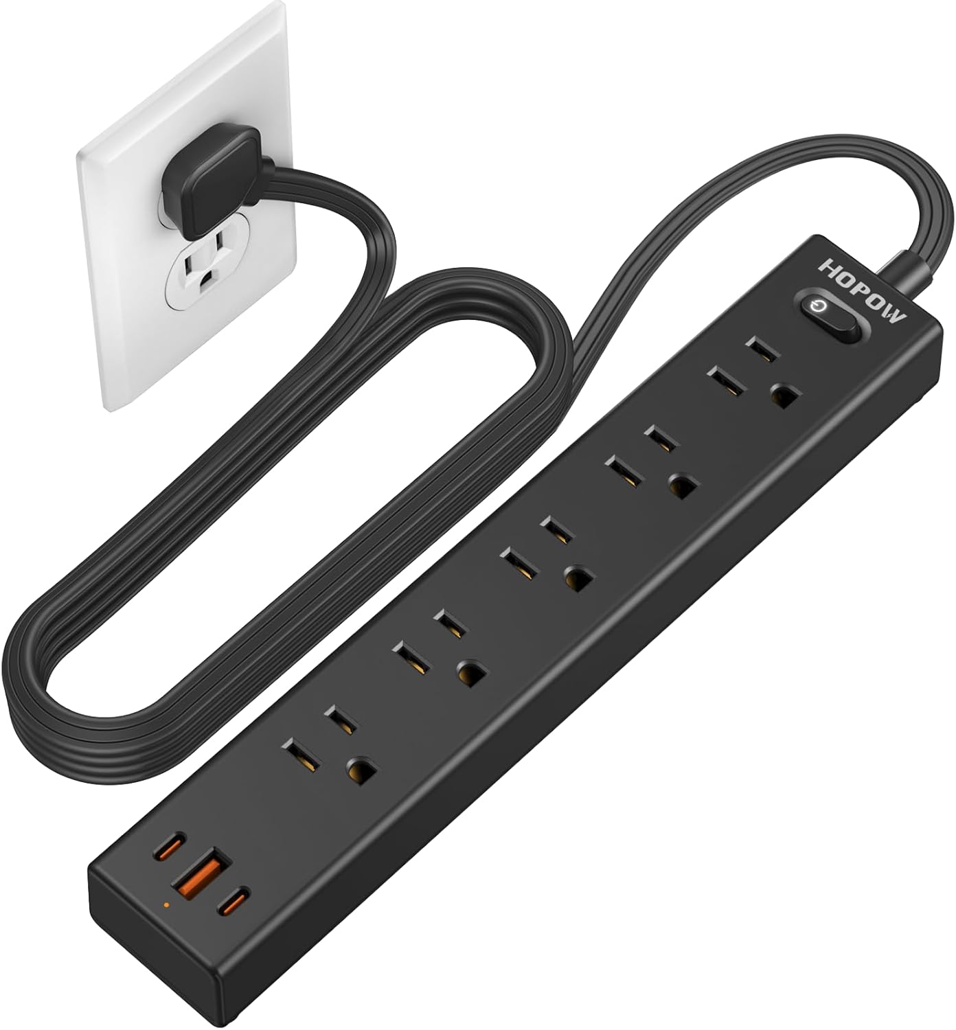 Flat Plug Power Strip, 6 Ft Ultra Thin Extension Cord, Surge Protector with 5 Outlets & 3 USB Ports (2 USB C), 1700 Joules, Wall Mount, Desktop Charging Station for Home Office Dorm, Black
