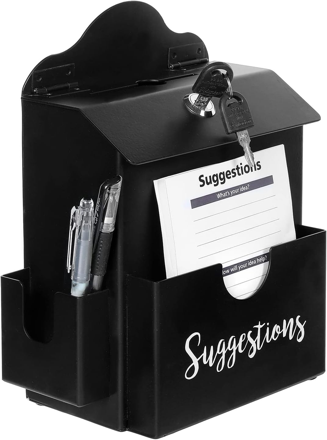 MyGift Classic Matte Black Metal Suggestion Box with Cursive Suggestions Lettering, Wall Mounted or Tabletop Comment Box with Lock, Keys, Paper Sheet and Pen Holder Slots