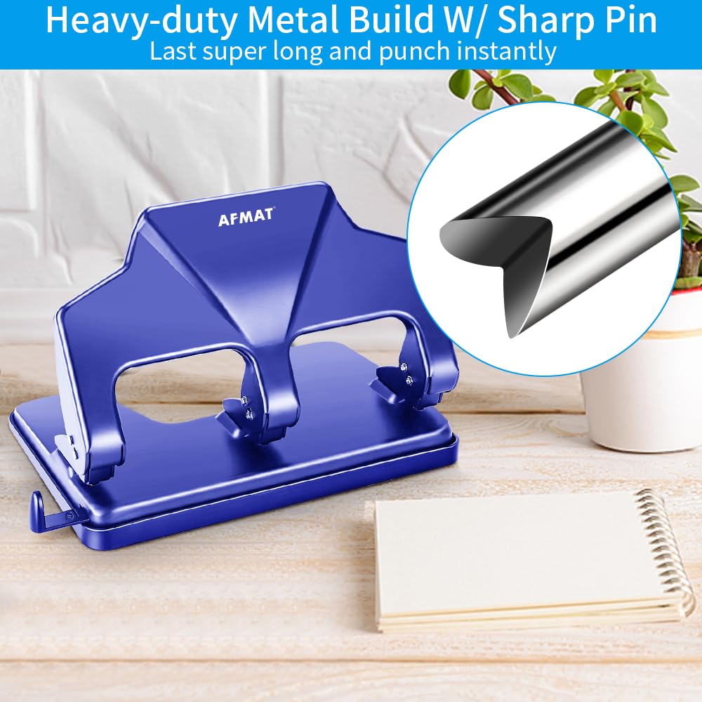 Heavy Duty 3 Hole Punch, 40-Sheet Heavy Duty Paper Punch, 50% Reduced Effort 3-Hole Punch, AFMAT Metal Hole Puncher 3 Ring, Three-Hole Paper Puncher w/Large Chip Tray for Classroom, Office, Blue