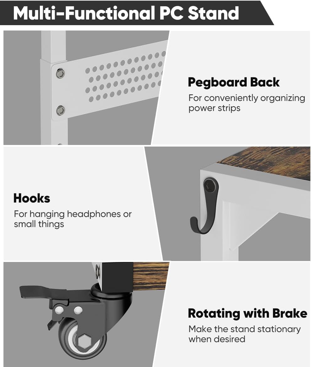 Computer Tower Stand, 2-Tier Metal CPU Holder Stand with Lockable Wheels, Adjustable Under Desk PC Shelf, Mobile Rolling Computer Cart for Home, Office, Gamers and Students, White