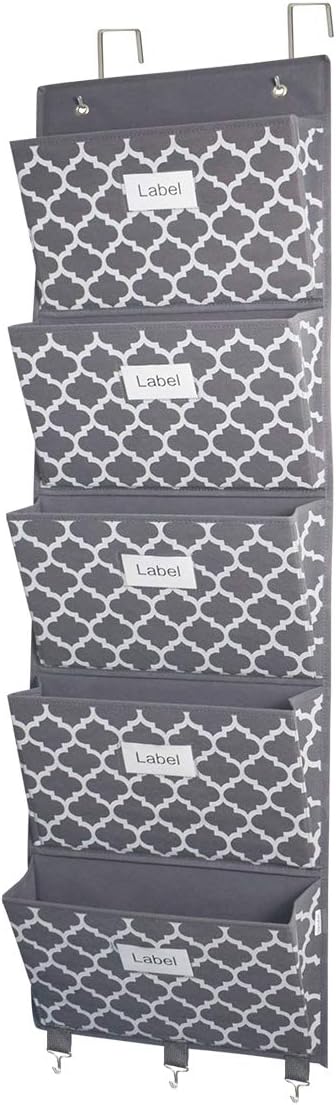homyfort Over the Door File Organizer, Hanging File Folders, Wall Organizers and Storage for Mail, Magazine, Notebooks, Planners, Office, Classroom, 5 Extra Large Pockets (Grey Lantern Pattern)