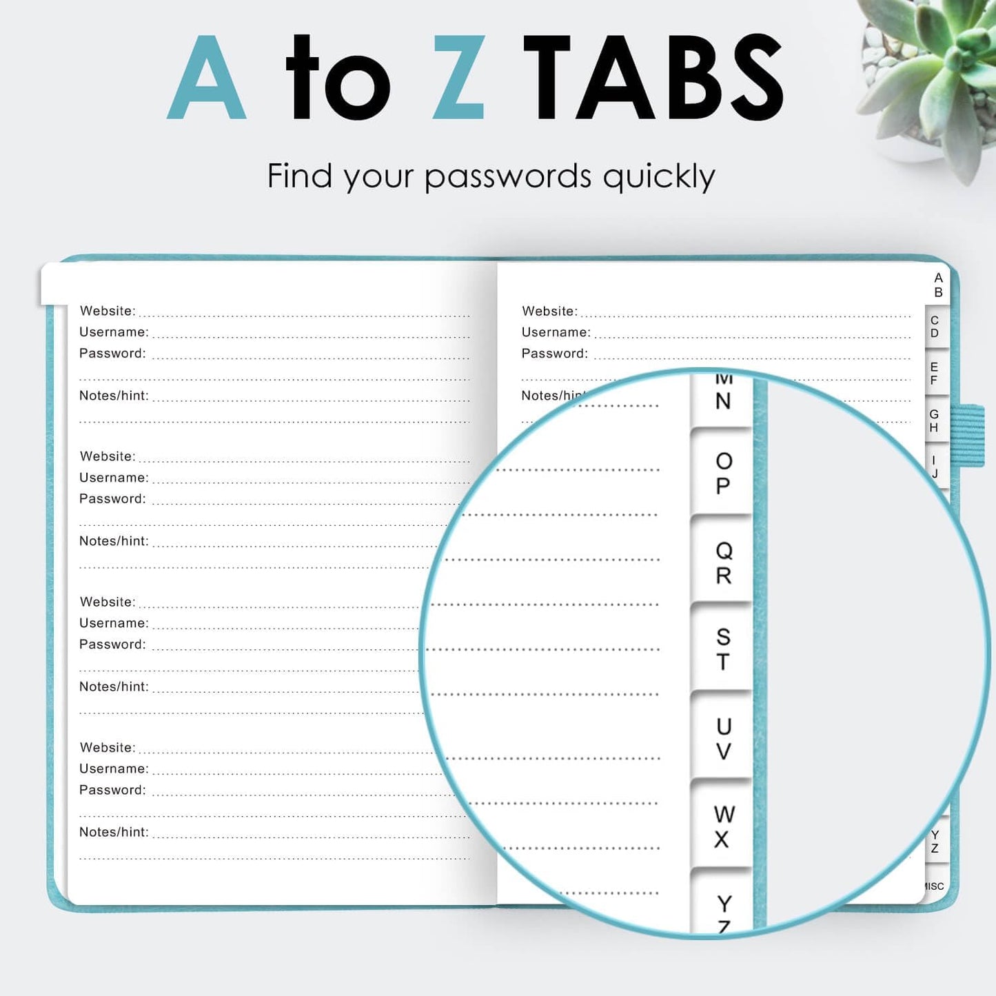 Elegant Password Book with Alphabetical Tabs - Hardcover Password Book for Internet Website Address Login - 7" x 10" Password Keeper and Organizer w/Notes Section & Back Pocket (Turquoise)