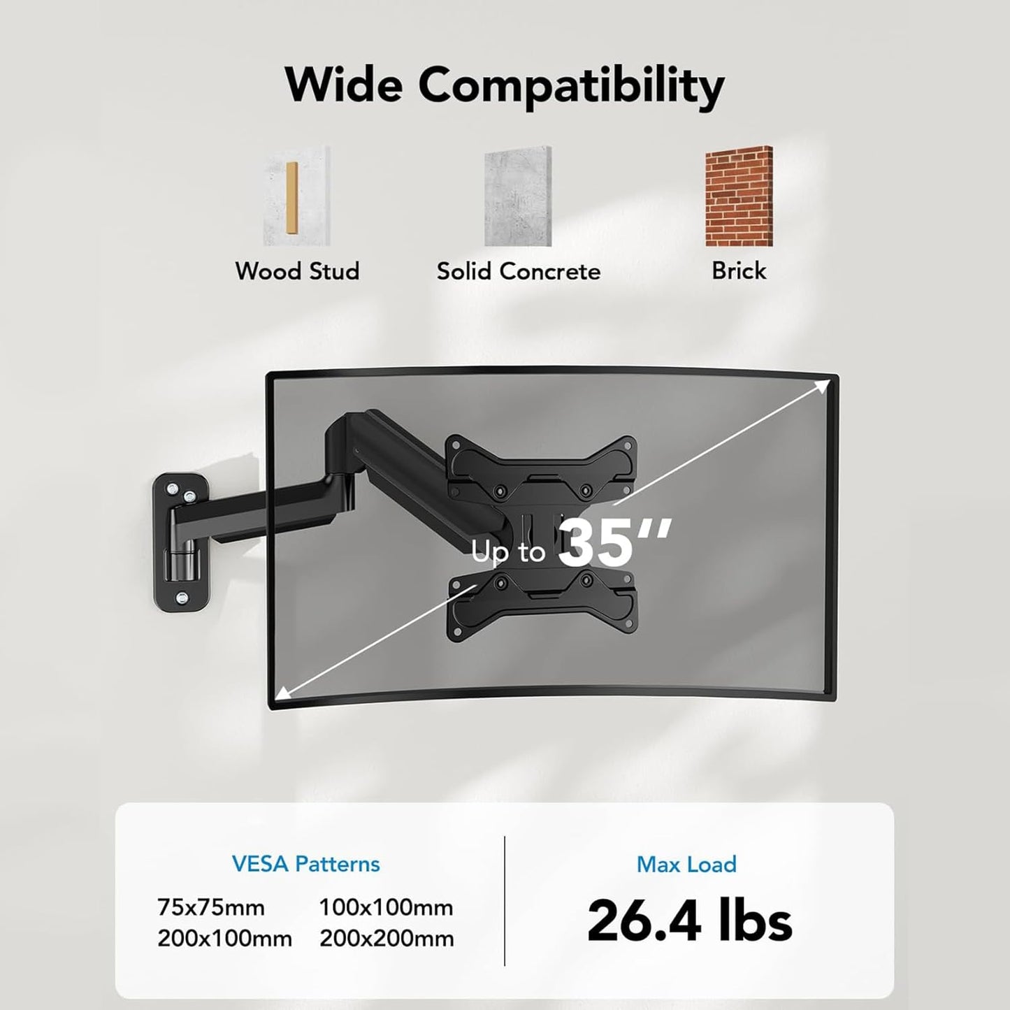 HUANUO Computer Monitor Wall Mount for 22 to 35 inch Flat Curved Screens, Single Wall Mount Monitor Arm Holds up to 26.4lbs, Height Adjustable Full Motion Gas Springcore Vesa Mount, Max 200x200mm