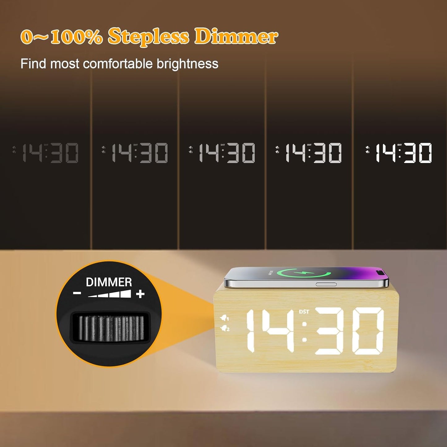 Wood Digital Alarm Clock with 10W Fast Wireless Charger, USB Charging Ports, DST, Dimmable, Snooze, Large Number LED Display for Bedrooms, Desk, Living Room Table, Bedside, Nightstand (Bamboo)