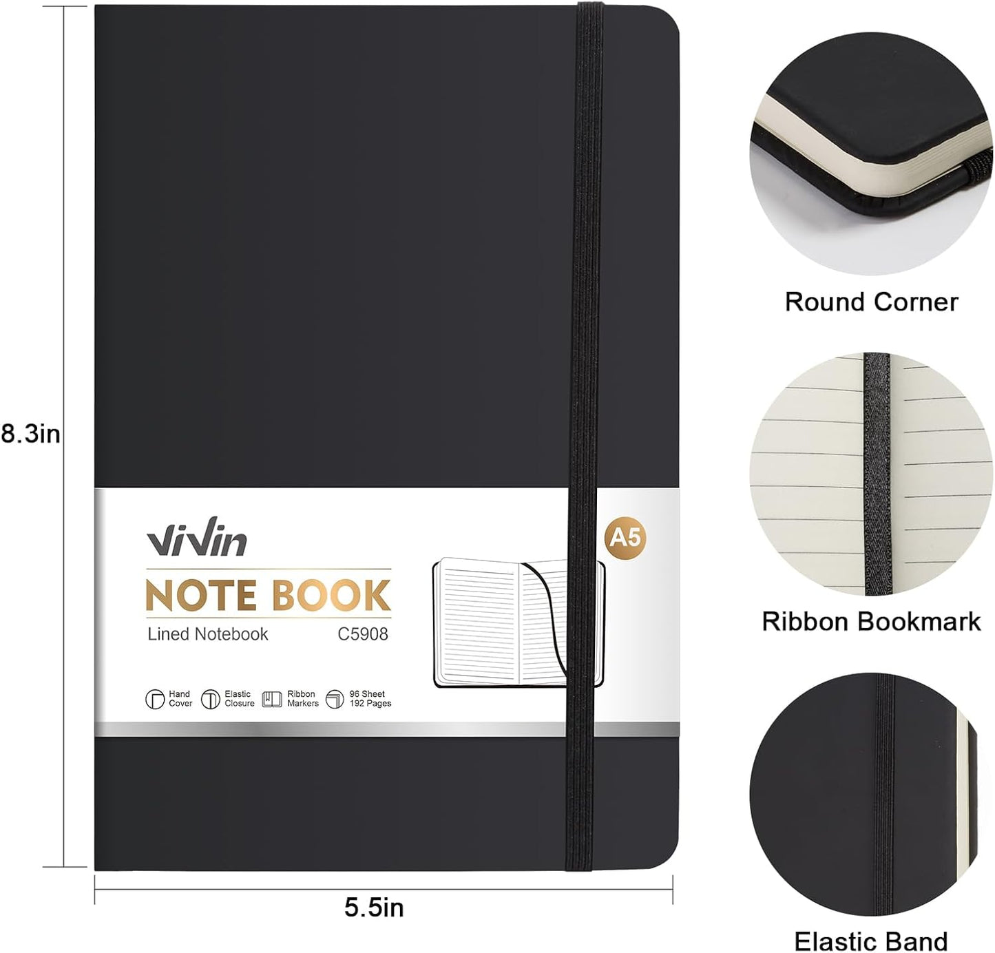 ViVin Lined Journal Notebooks for Work, 192 Pages, Medium 5.5 x 8.3 inch, College Ruled, A5 Hardcover Journaling Notebooks for Writing, 8 Pack Bulk