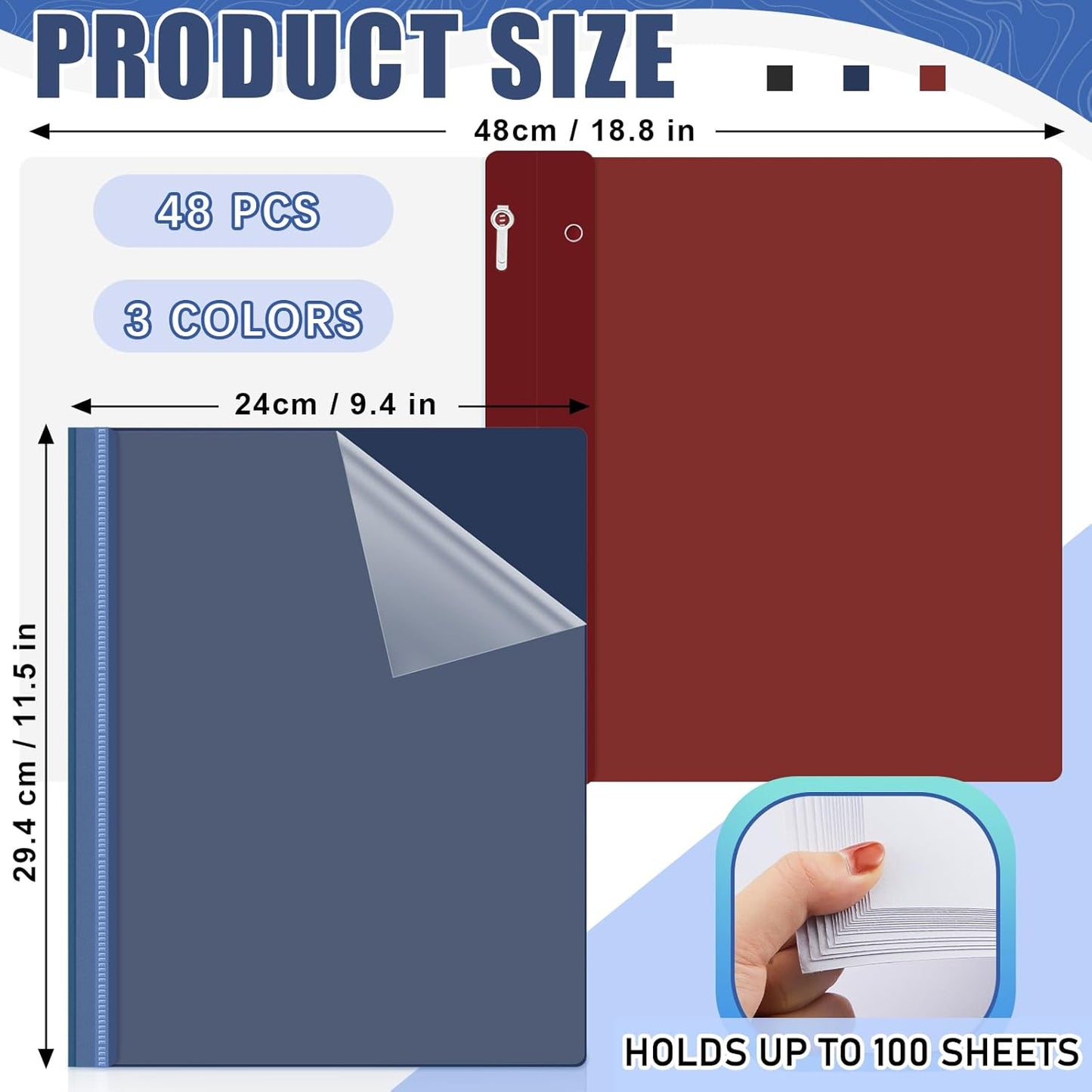 Teling 48 Pcs Clear Front Report Covers with Prongs Plastic Presentation Folders 3 Prong Resume Portfolio Folder for School (Black, Navy Blue, Dark Red)