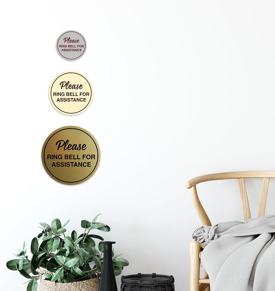 Signs ByLITA Circle Please Ring Bell For Assistance Wall or Door Sign | Easy Installation | Front Desk Reception Sign (Dark Brown) - X-large (10 Pack)