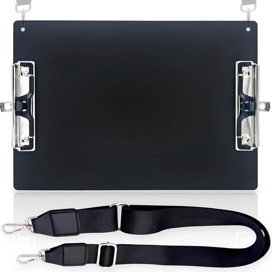 Aluminum Metal Clipboard with Detachable Adjustable Shoulder Strap A4 Double Clip Board Stainless Hangable w/Pen Holder Letter 9" x 12.6" for School Office Business Factory (Black-with Strap, A4)