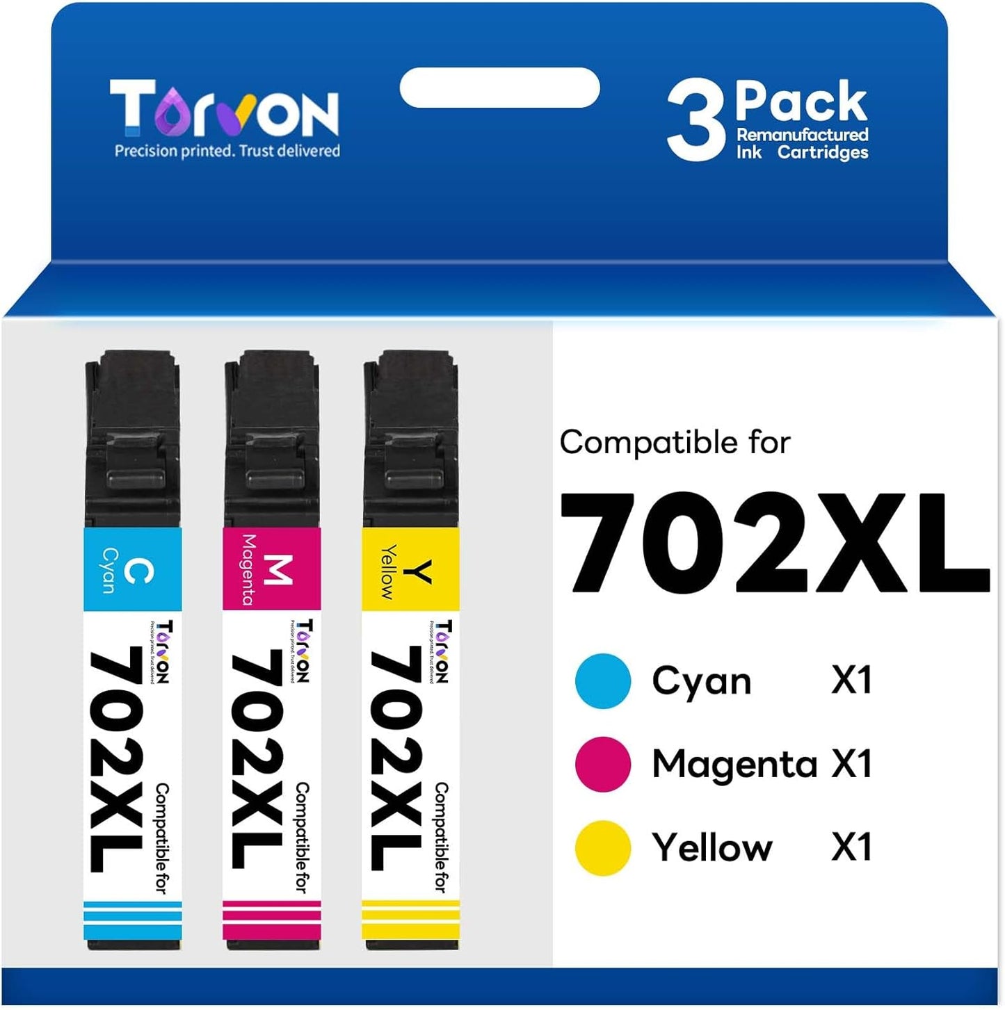 Remanufactured Ink Cartridge for Epson 702 Ink Cartridge Combo Pack 702XL 702 XL T702XL Compatible with Epson Workforce Pro WF-3720 WF-3730 WF-3733 Printer(Cyan Magenta Yellow, 3 Pack)