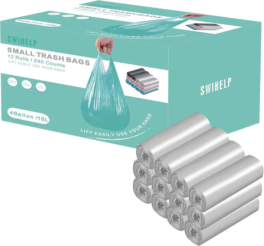 Small Trash Bags 240 Count Garbage Bags SWIHELP Waste Basket Liners for Bathroom, Kitchen,Bedroom, Office Pet Car 15 Liter Trash Can 4 Gallon…