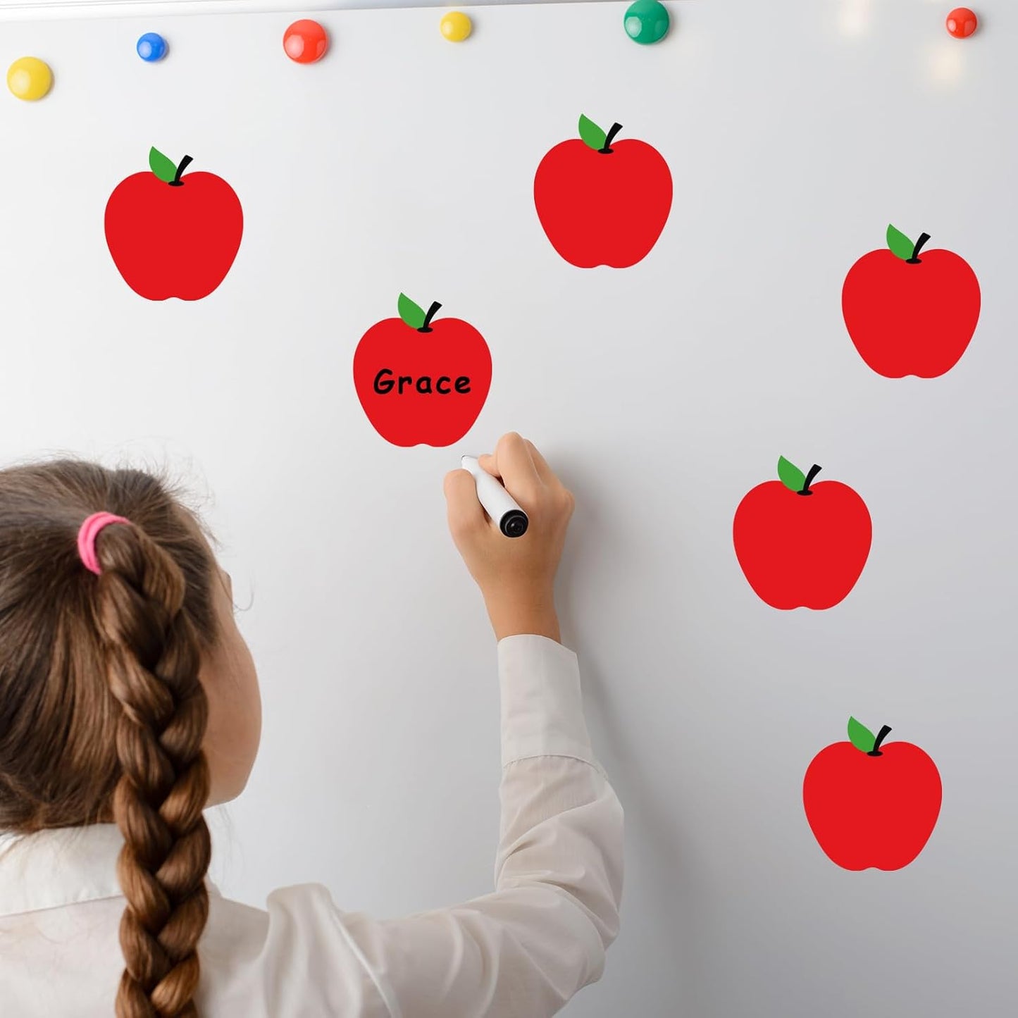24Pcs Red Apples Dry Erase Magnetic Labels Back to School Reusable Name Tag Magnets with Erasable Pencil for Classroom Bulletin Board Wall Office Decor DIY Whiteboard Fridge