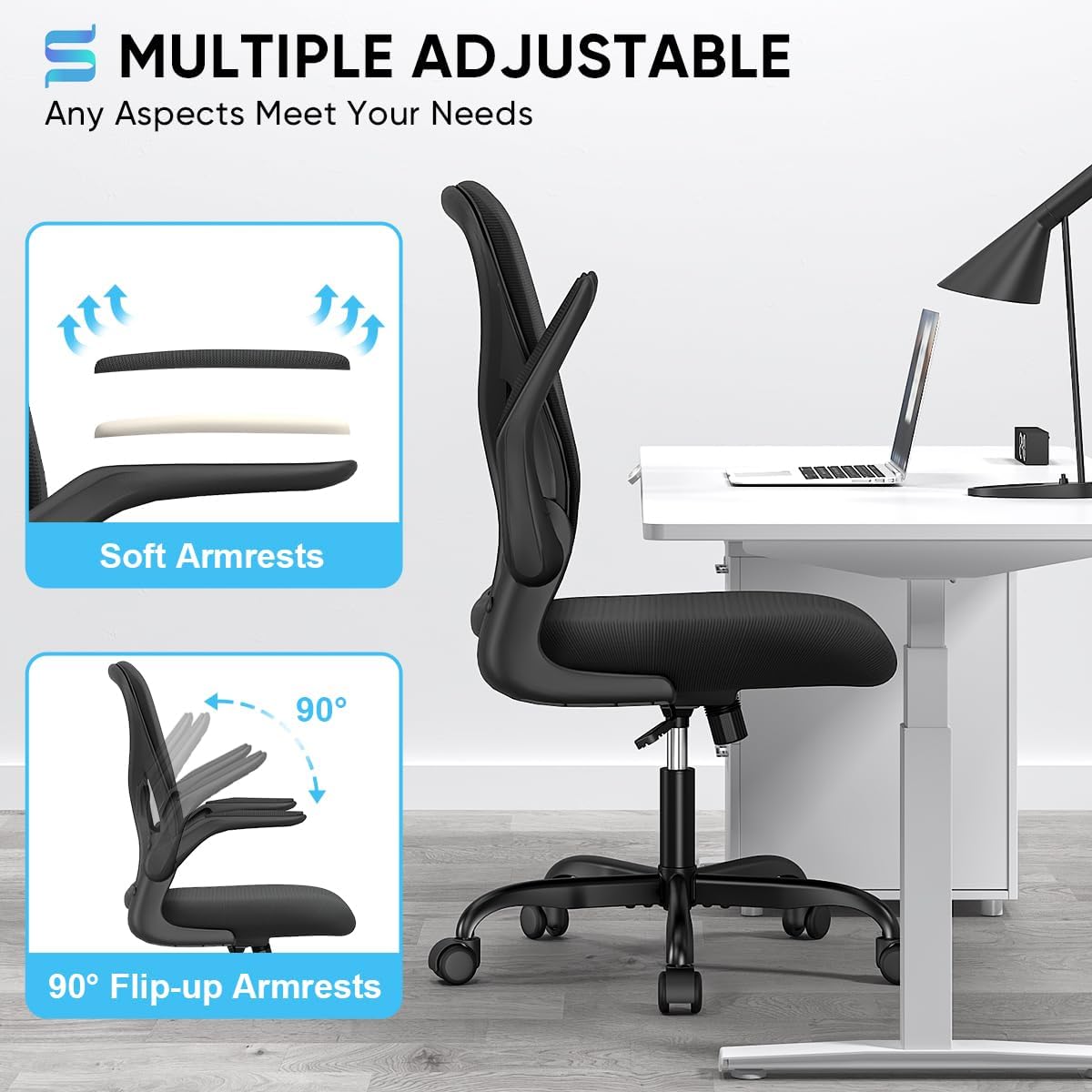 Sytas Ergonomic Desk Chair with Padded Flip up Arms and Supportive Lumbar Support, Breathable Mesh Home Office Chair with Comfortable Cushion for Home or Office(Black)