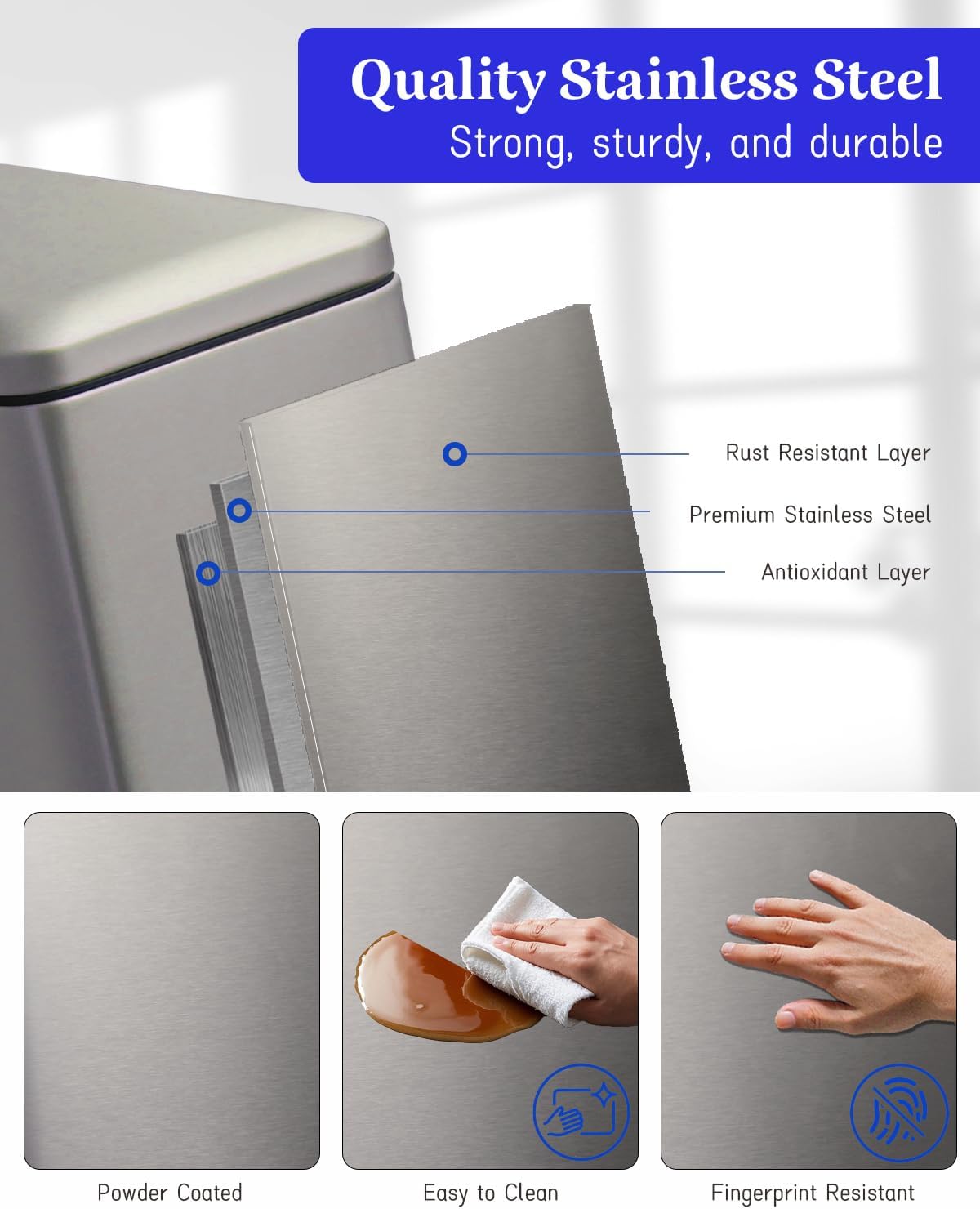 Grey Trash Can, 2.6 Gallon Bathroom Trash Can with Lid, Stainless Steel Garbage Can with Removable Liner, 10 Liter Rectangle Step Trash Bin for Office, Kitchen, Bedroom, Living Room, Dorm