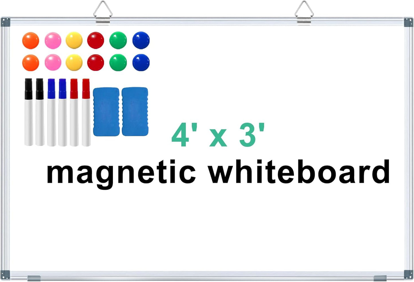 H-Qprobd Large Dry Erase White Board 4' x 3' Magnetic Whiteboard 48"x36" Aluminum Presentation Whiteboard with Long Pen Tray, 6 Markers, 2 Erasers &12 Magnets
