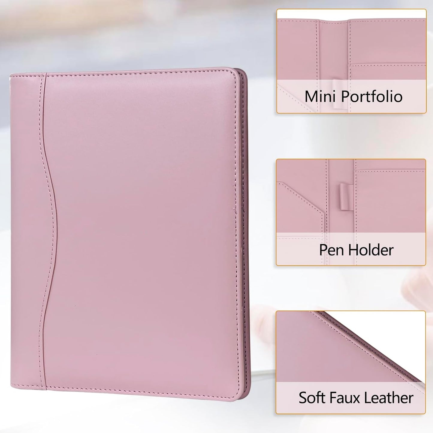 Leather Portfolio Binder 5 x 8, Mini Soft Leather Padfolio A5 Business Binder Legal Writing Pad Junior Size Document Organizer for Present Gift Kid Men Women Pink