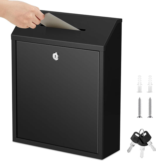 Metal Donation Cash Box Collection Safe Suggestion Box with Lock Wall Mounted Mailbox Delivery Ballot Container for Home Office Outdoor Door(Black,15 x 12 x 4 Inch)