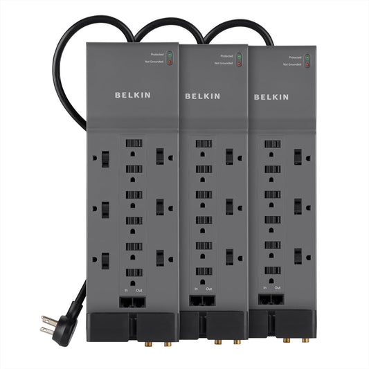 Belkin 12-Outlet Power Strip Surge Protector with 10-Foot Cord and Telephone, Ethernet, Coaxial Protection, BE112234-10, Gray -(Pack of 3)