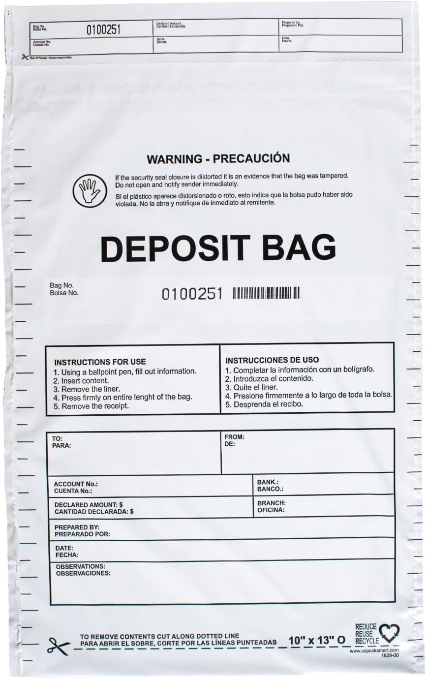 Opaque Plastic Deposit Bags 10"x13" | Secure Bank Deposits, Cash Handling or Safe Currency Transportation | Sequential Barcodes | Tamper-Evident, Tear-Off Receipt for Security | 100-Pack