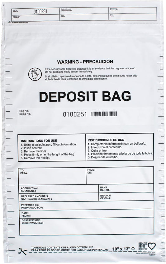 Opaque Plastic Deposit Bags 10"x13" | Secure Bank Deposits, Cash Handling or Safe Currency Transportation | Sequential Barcodes | Tamper-Evident, Tear-Off Receipt for Security | 100-Pack