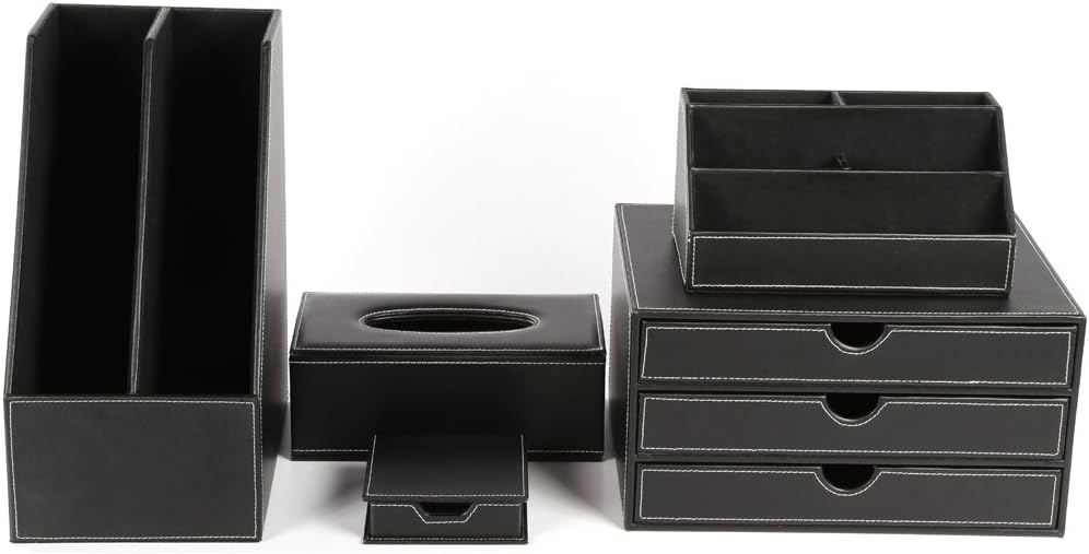 KINGFOM Desk Organizer Set 5PCS Office Supplies Synthetic Leather Files Holder Cabinet Desk Organizer Drawer, Multifunction Organizer Box, Tissue Box Holder and Sticky Notes Dispenser Case (T08-Black)