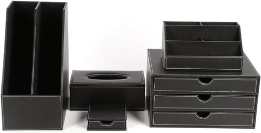 KINGFOM Desk Organizer Set 5PCS Office Supplies Synthetic Leather Files Holder Cabinet Desk Organizer Drawer, Multifunction Organizer Box, Tissue Box Holder and Sticky Notes Dispenser Case (T08-Black)