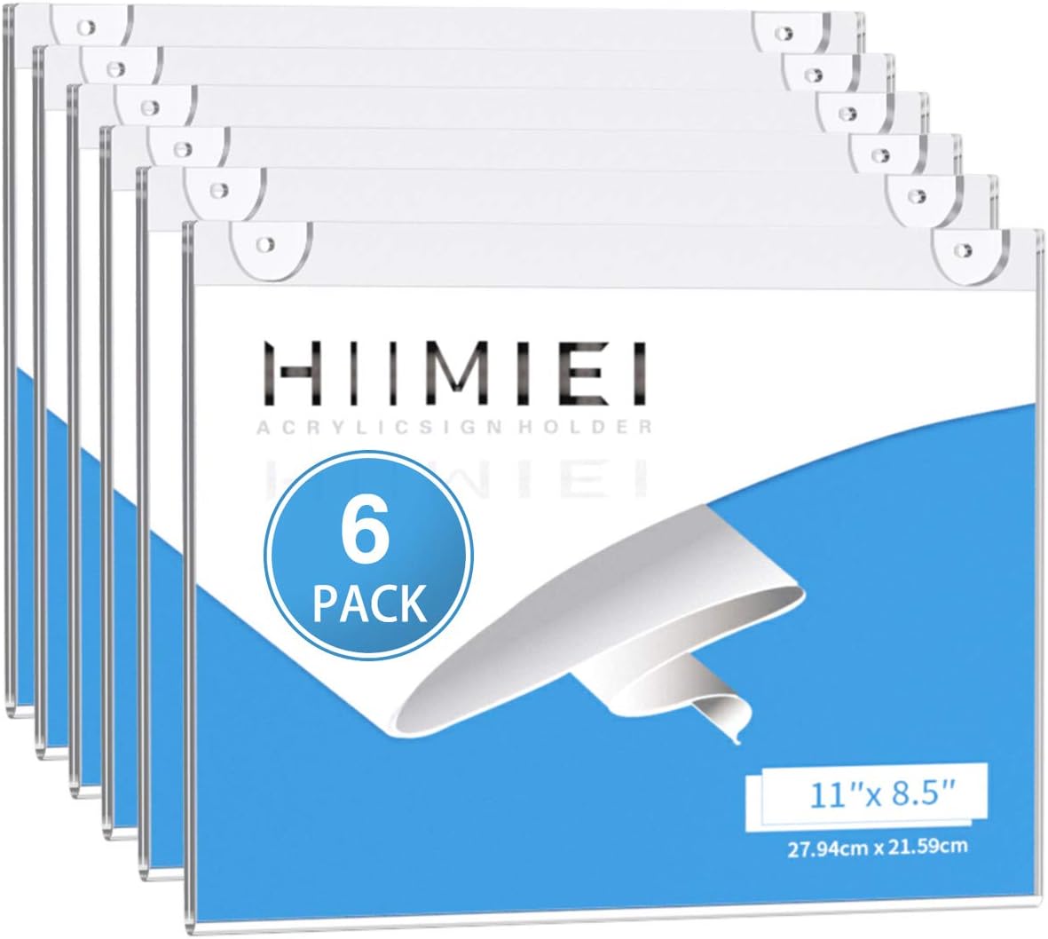 HIIMIEI Acrylic Wall Mount Sign Holder 8.5 x 11 Inches Horizontal 6 Pack, Clear Paper Document Holder, Wall Mount Ad Frame with 3m Tape Adhesives & Screws