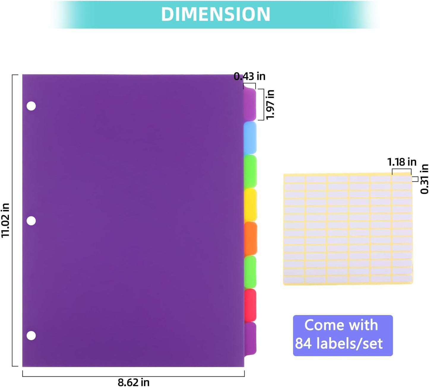 Binder Dividers for 3 Ring Binder, 8 Tab Set, Durable Plastic Dividers with Tabs for Letter Size, Colorful Notebook Dividers for for Office, School
