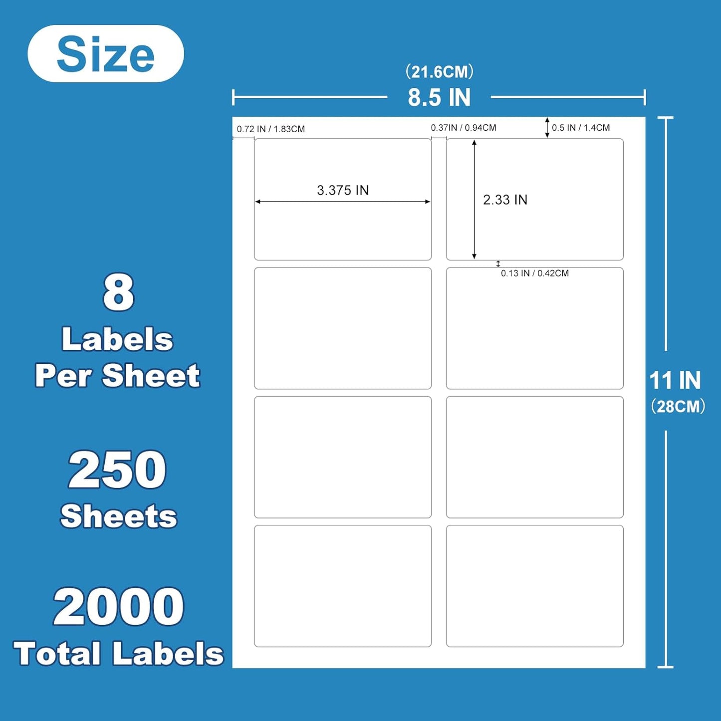 Name Tag Stickers 2 1/3"" x 3 3/8"", White Blank Mailing Labels, Inkjet and Laser Printer Guaranteed, 8 Labels Per Sheet, 250 Sheets - 2000 Labels, 3.375x2.33