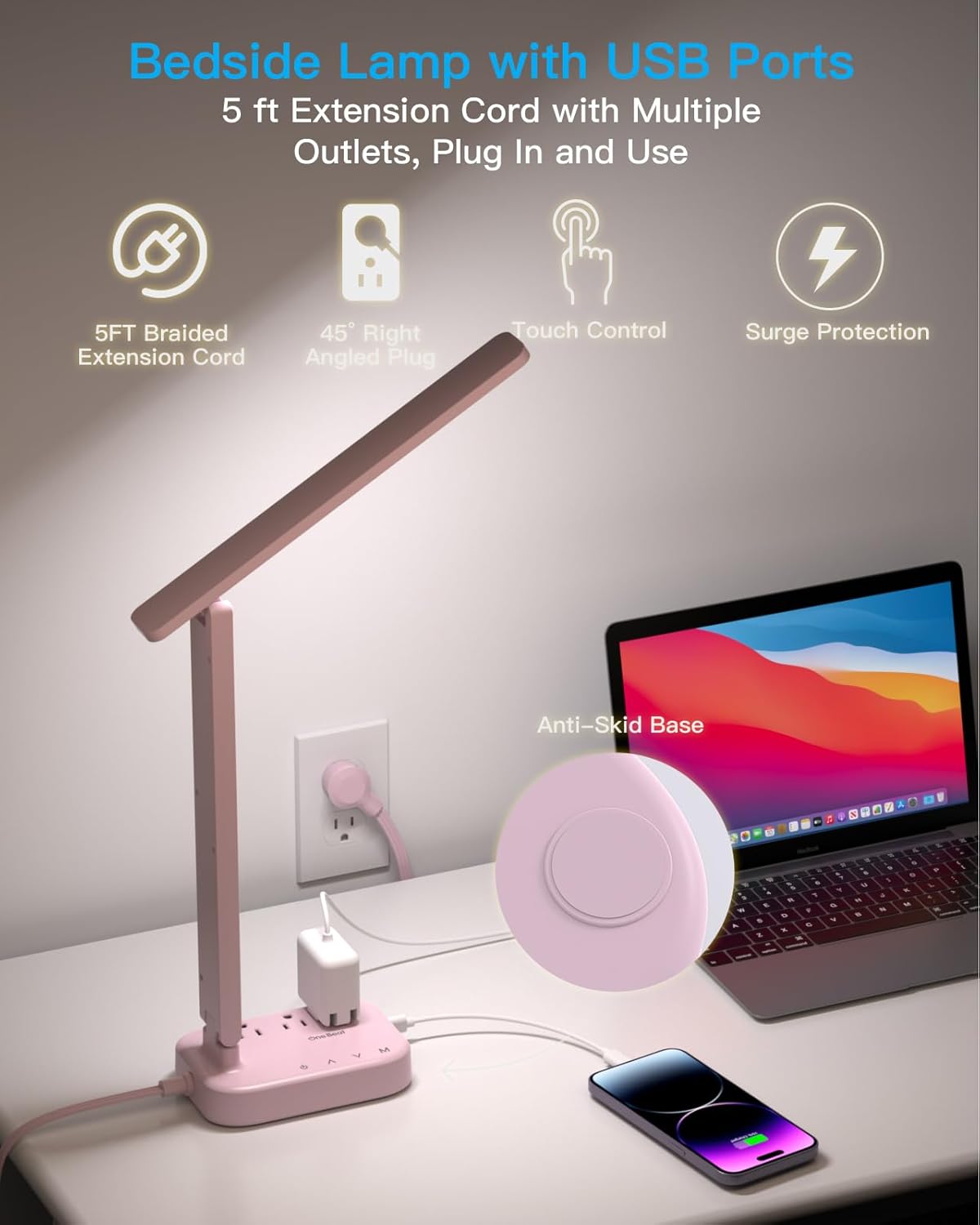 Dorm Room Essentials for Girls, Pink Power Strip with LED Desk Lamp, 3 Outlets 4 USB Ports, 4 Modes 5 Level Touch Lamp Small Desk Lamp for Home Office Bedroom Study Reading Light, 5ft Extension Cord