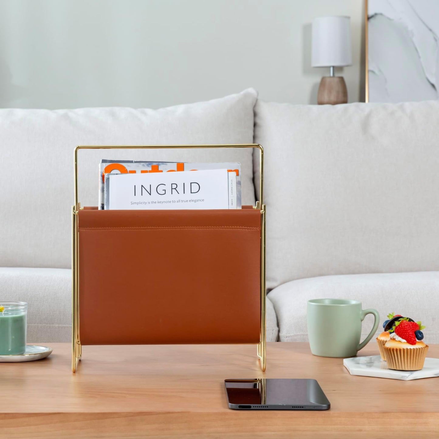 MyGift 13 inch Modern Caramel Leatherette Magazine Holder Floor Standing Sling Style Rack with Brass Tone Metal Frame