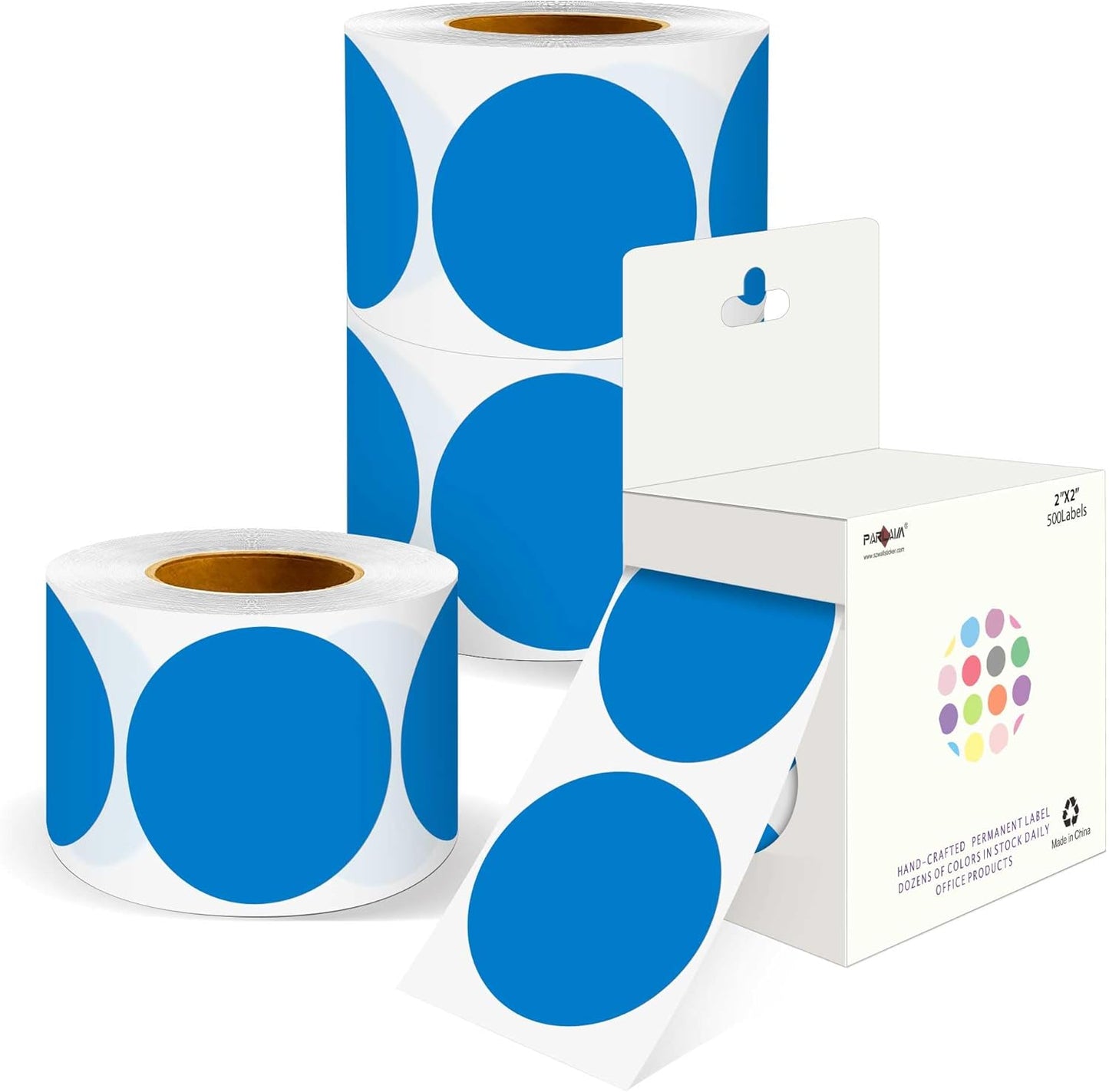 PARLAIM 2 inch Round Color-Code Dot Sticker Labels, 4 Rolls 2000 Adhesive Label Pack in Dispenser Box, Blue