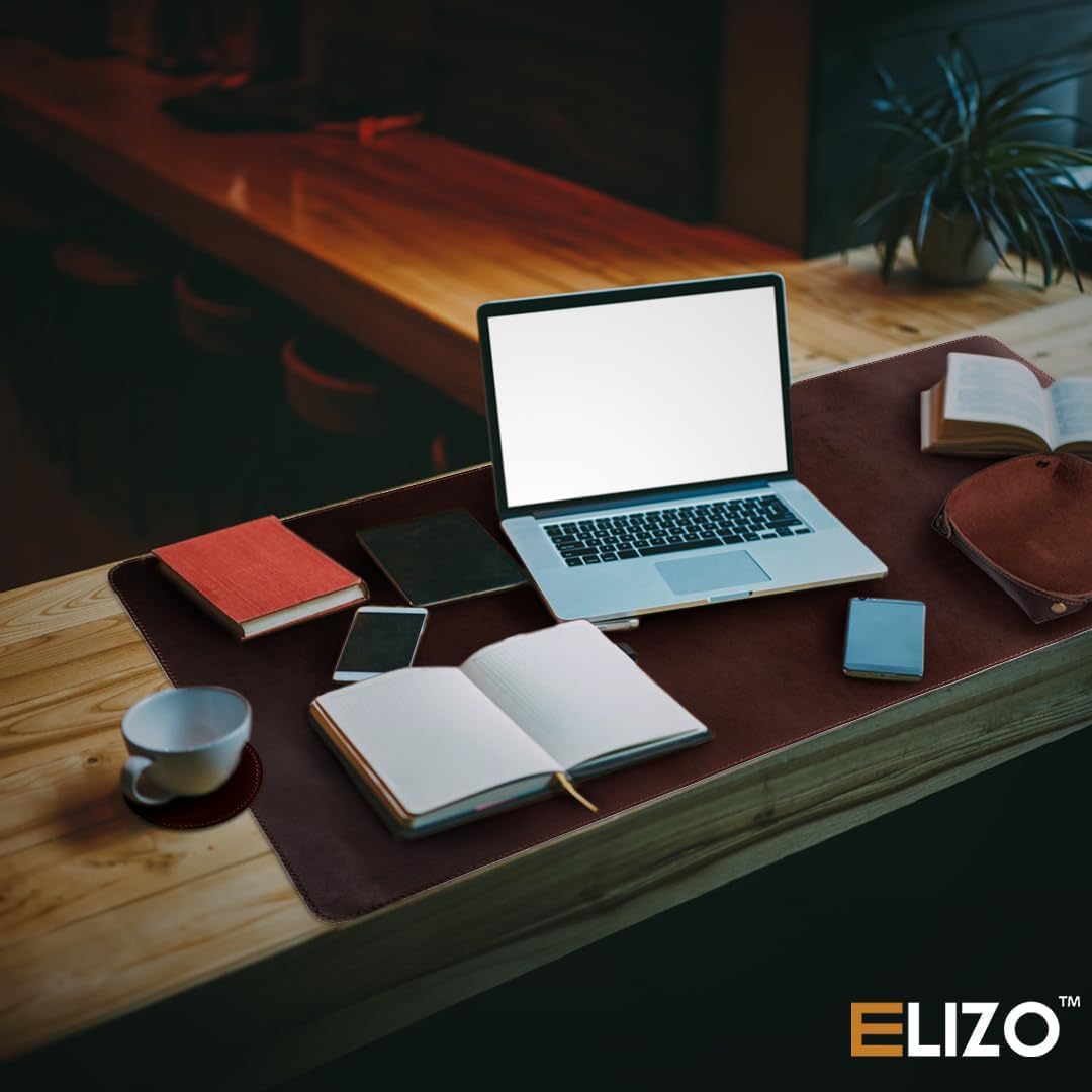 Leather Desk Pad (Real) Leather Desk Mat Set (31x15) Large Desk Cover Desk Blotter Desk Protector Computer Mat for Keyboard Gaming Mouse Pad Table Laptop Office Desktop Accessories 2mm Elizo