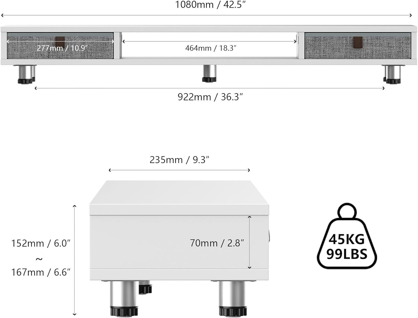 Fenge Dual Monitor Stand with 2 Drawers, 42.5 Inches Large Computer Riser for Desk, Adjustable Height Desk Shelf with Storage for Laptop, PC, TV, Printer